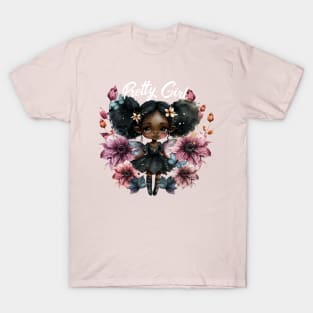 Pretty Black Girl Fairy with Pink Flowers T-Shirt